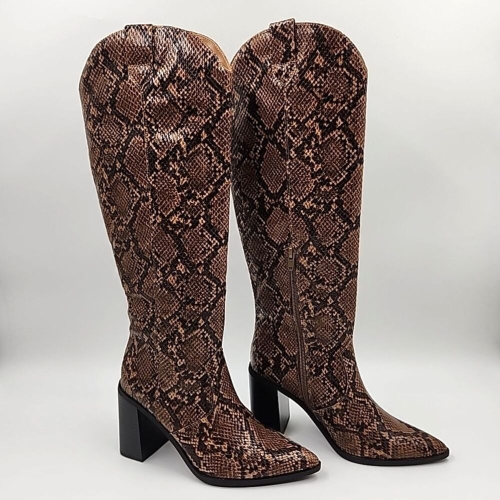 Womens Over the Knee High Boots Snakeskin Print Pointed Toe Block Heel Fall Sz 9